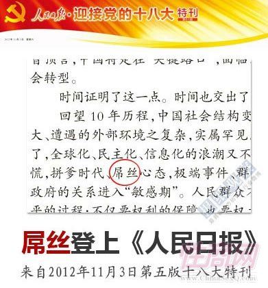 人民日报十八大特刊出现“屌丝”关键词